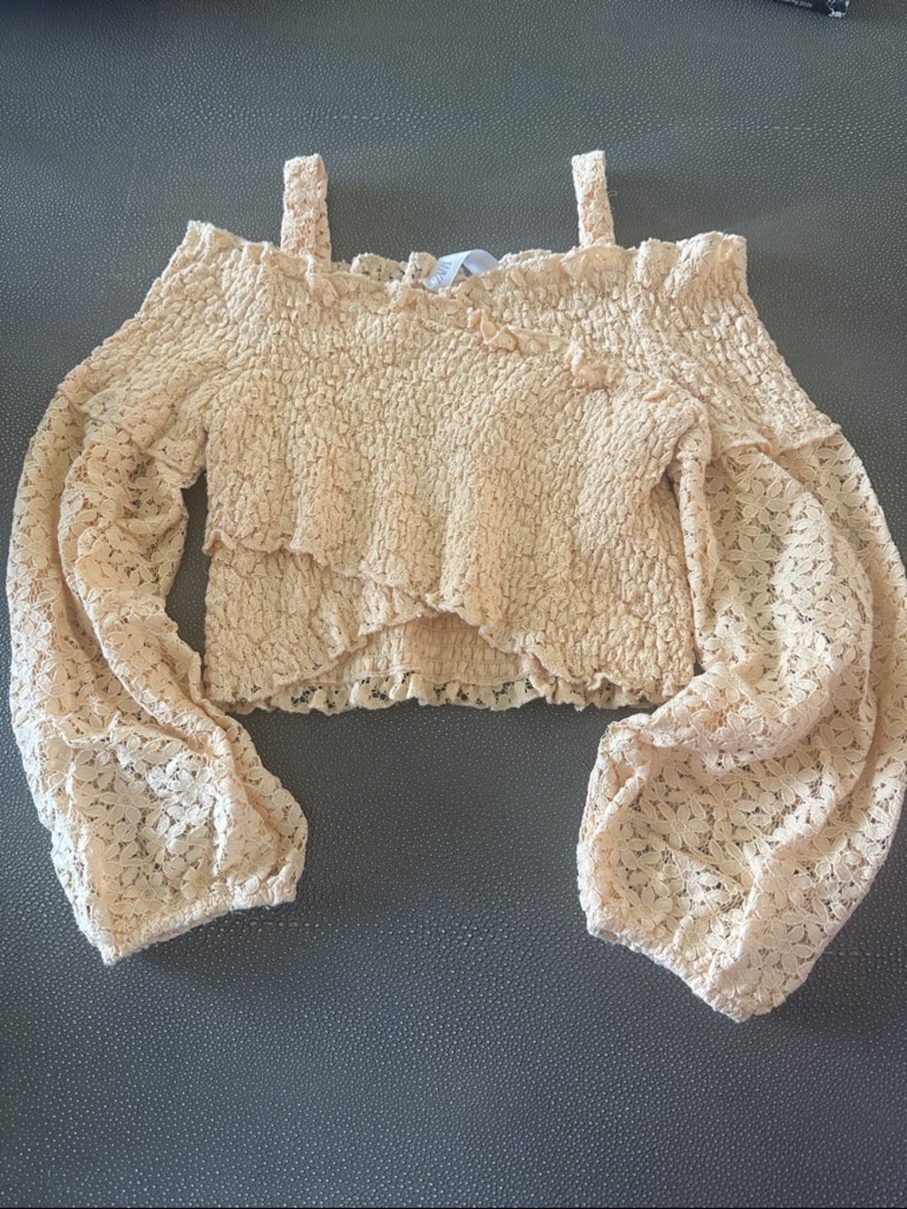 Zara Cream Smocked Crochet Off-Shoulder Crop Top